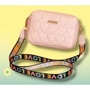 Padded PU Leather PINK Heart Shoulder Bag Handbag LOVE Printed Long Strap